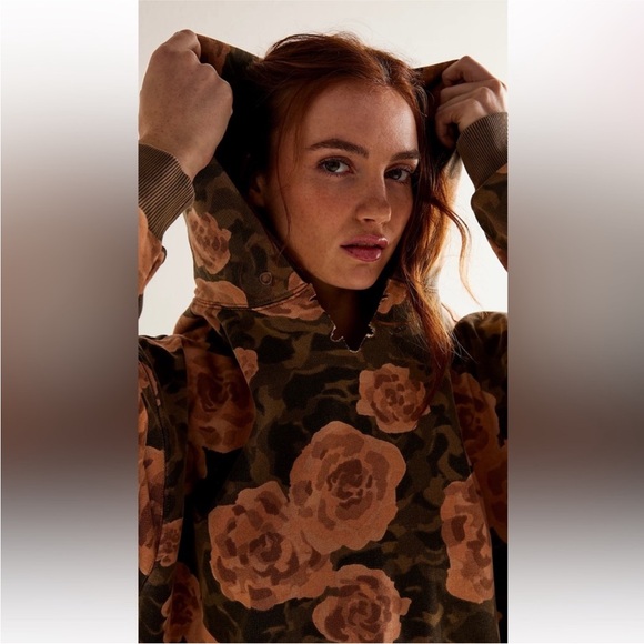 Free People It's A Vibe Printed Hoodie Camouflage with Dusty Peach Roses - Picture 4 of 9